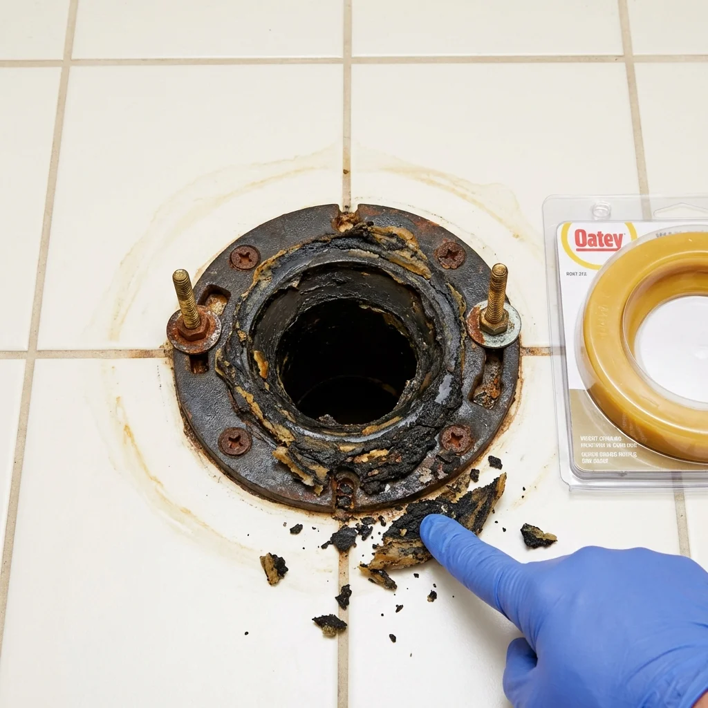 Failed wax ring showing water seepage at the base of a toilet in a Chester, NH home