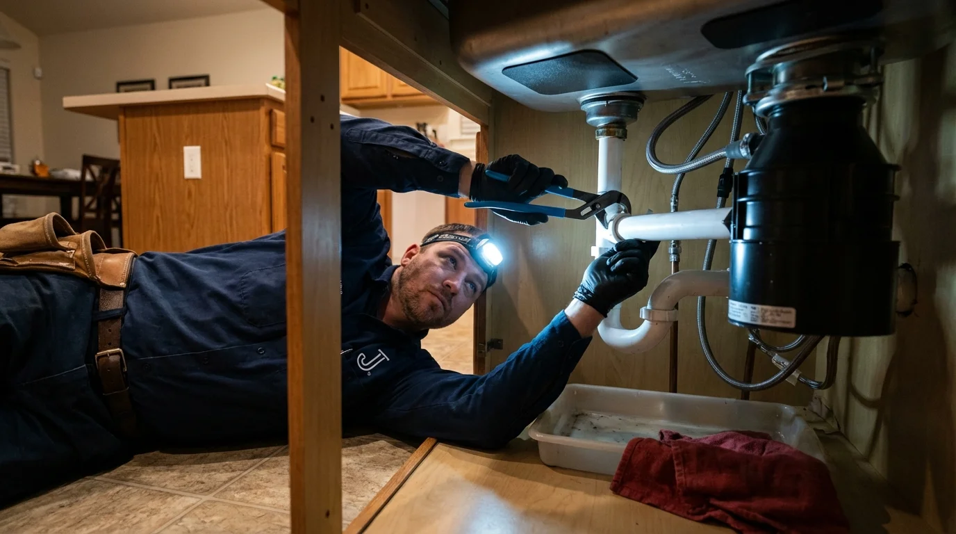 P-trap and supply line connections under a kitchen sink showing a common leak point in Chester, NH